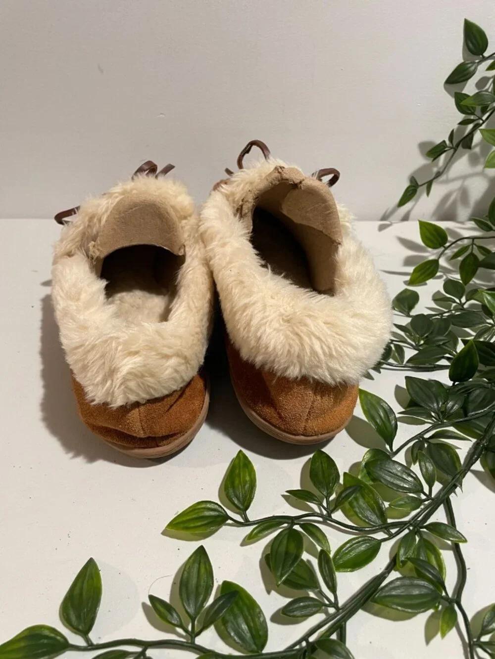 J.Crew Womens Faux Fur Lined Moccasin Slippers Size10 Suede Tan&Cream Rubber Sol